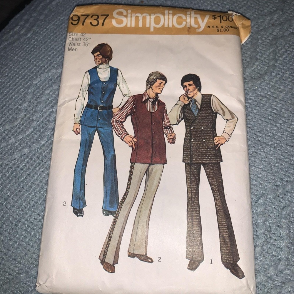Vintage Sewing Pattern Simplicity 9737 Men's Bell Bottoms And Vest 1970s Retro